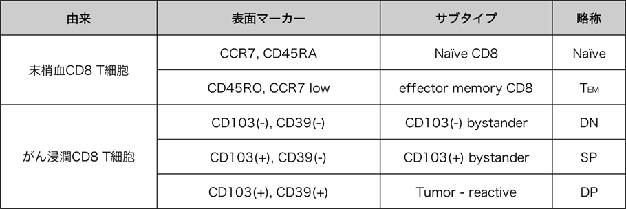 既知の細胞表面マーカーによるCD8+ T細胞の分類