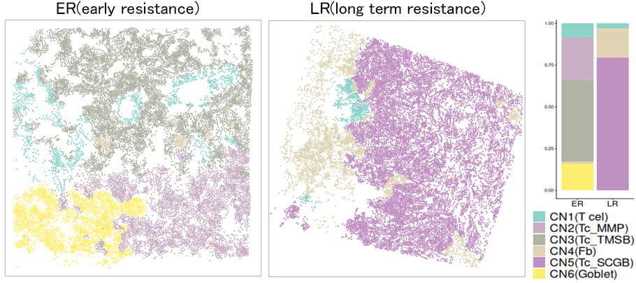 短期耐性獲得例（ER)と長期耐性獲得例（LR)における各ニッチの割合と分布